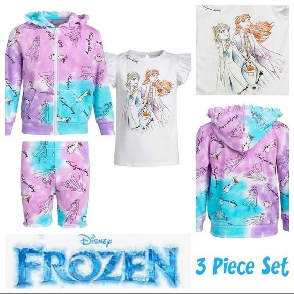 NEW! DISNEY ❄️ FROZEN Kids 3-piece Set Fleece Hoodie, Fleece shorts & tee - Picture 1 of 12